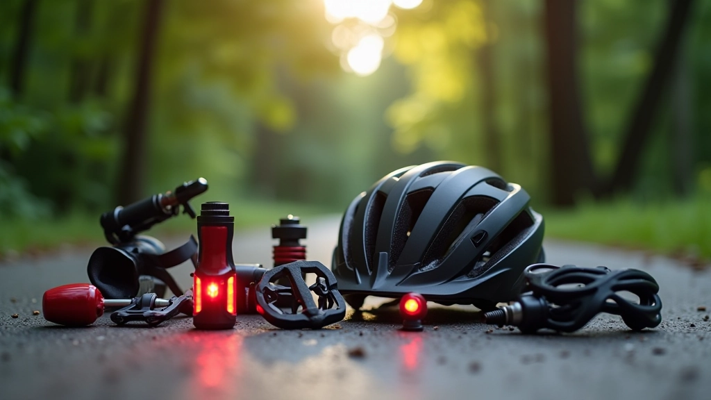Dviračio priedai ir apsauga — šalmas, žibintai, atšvaistai, nusileidimo pedalai, išdėstyti tvarkingai